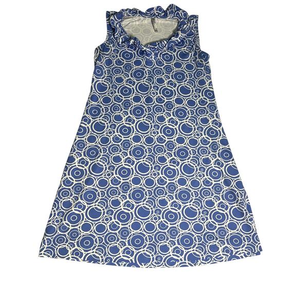 Lulu B Ruffle Geometric Circle Blue White Shift Dress UPF 50 Size Small - Picture 1 of 7